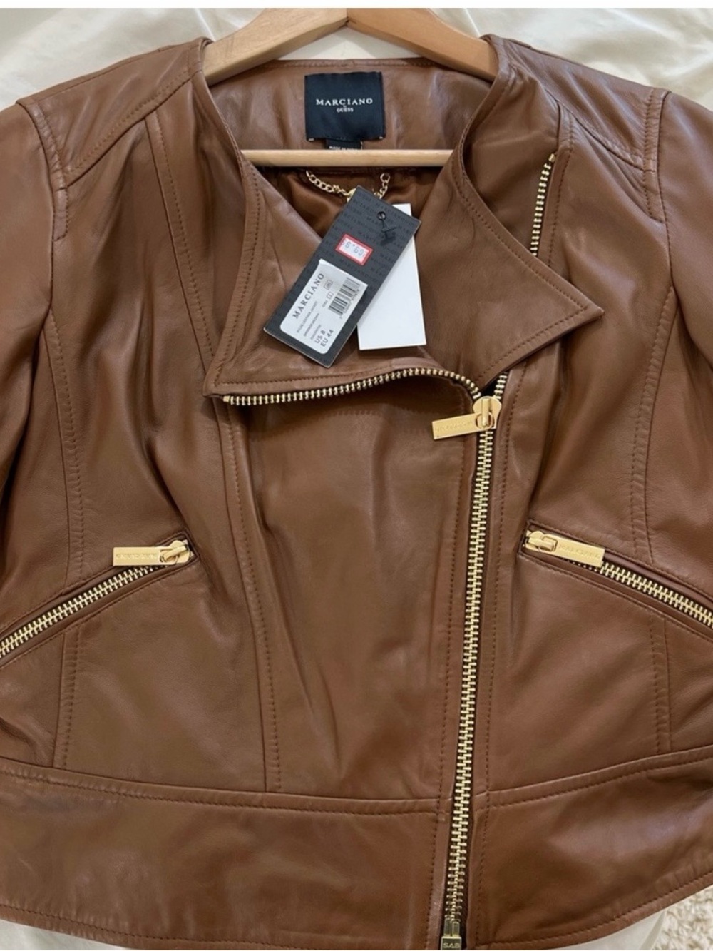 Marciano Cognac Leather Asymmetric Moto Jacket
